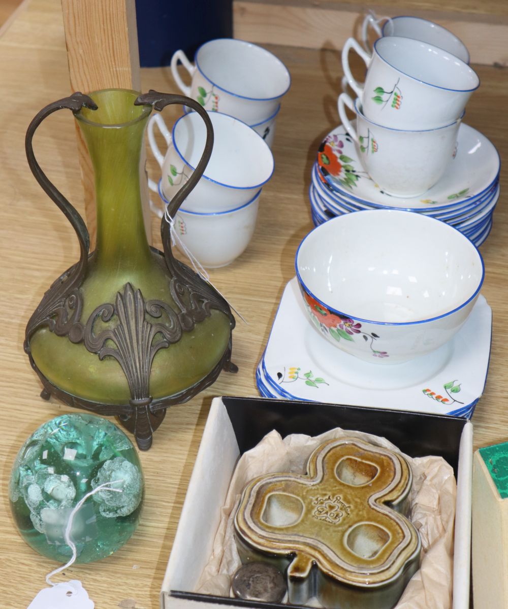 A Loetz-style green bulbous glass vase with bronzed mount, a Kilner small glass dump with lily inclusions and sundries,